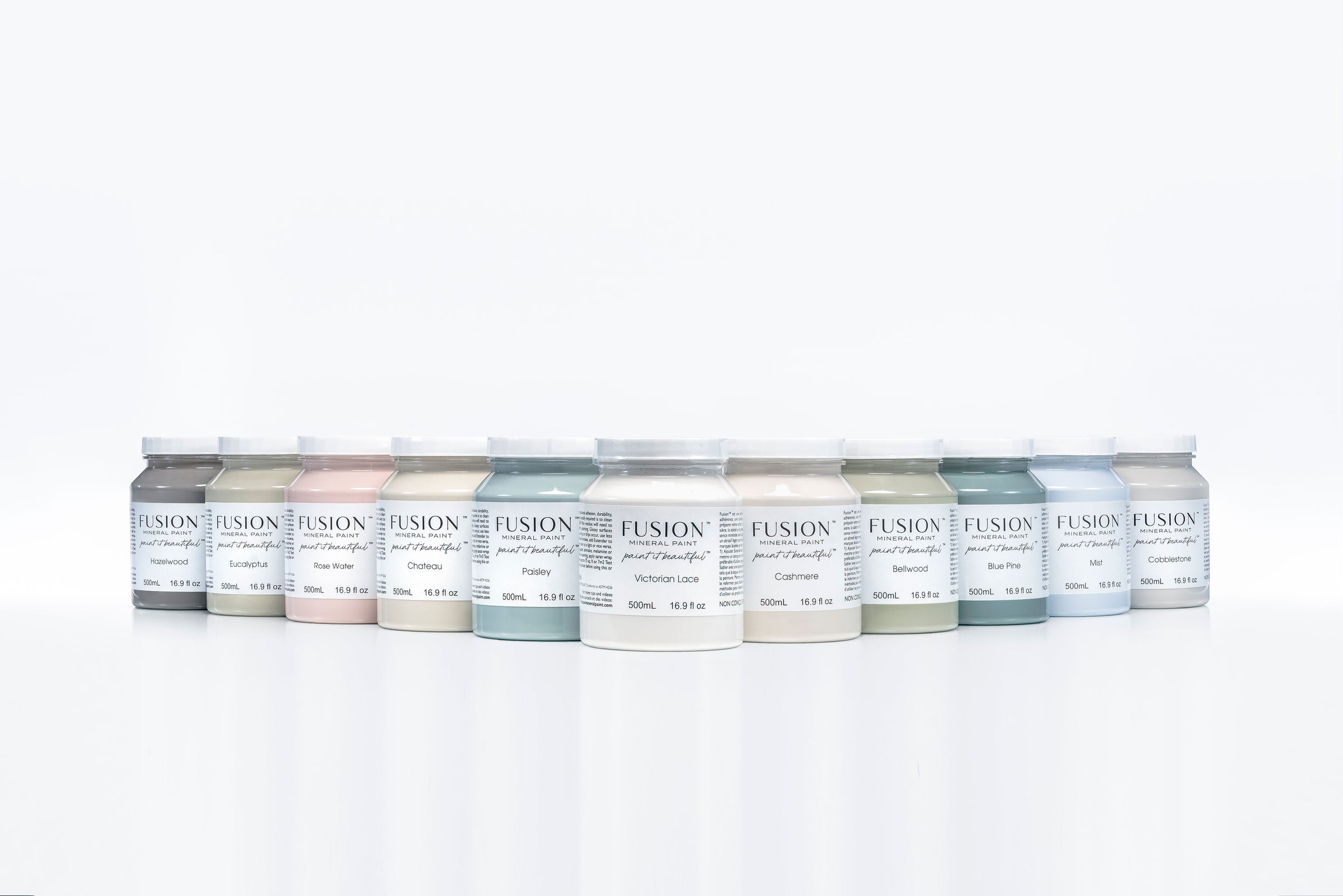 Grouped pints of Fusion Mineral Paint with different colors