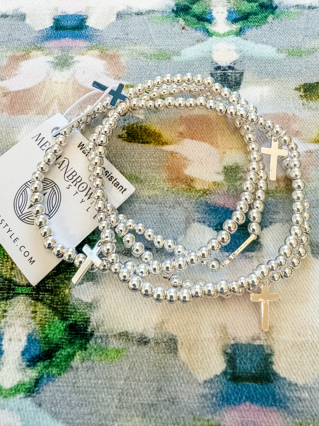 Silver Beaded Bracelet Set with Cross Detail