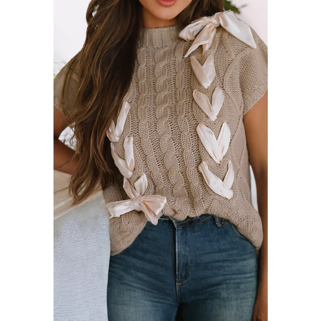 Simply Taupe Cable Knit Colorblock Satin Bowknot Short Sleeve Sweater