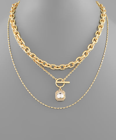 Square Crystal Pendant Multi Layered Necklace