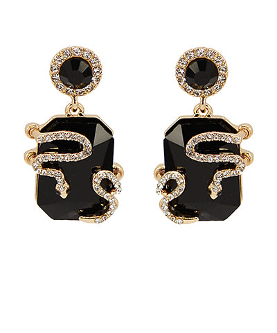 Black stone and crystal snake drop earrings