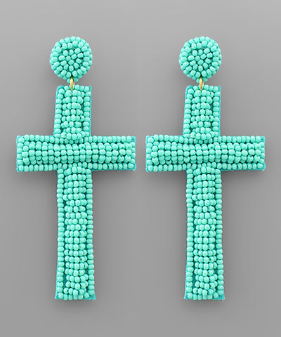 Mint Bead Cross Earrings