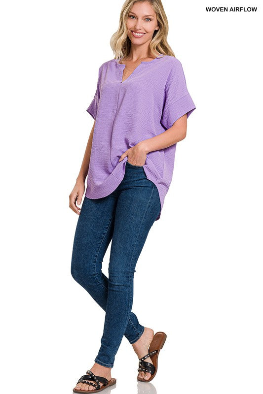 WOVEN AIRFLOW SPLIT NECK SHORT SLEEVE TOP