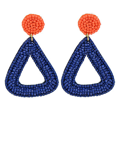 Navy and orange bead seed teardrop earrings