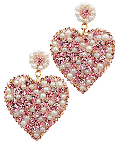 Pink beaded crystal and pearl heart earrings