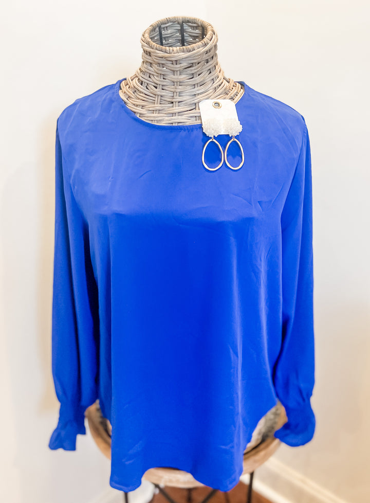 Royal Blue Crew Neck Ruffle Long Sleeve Top