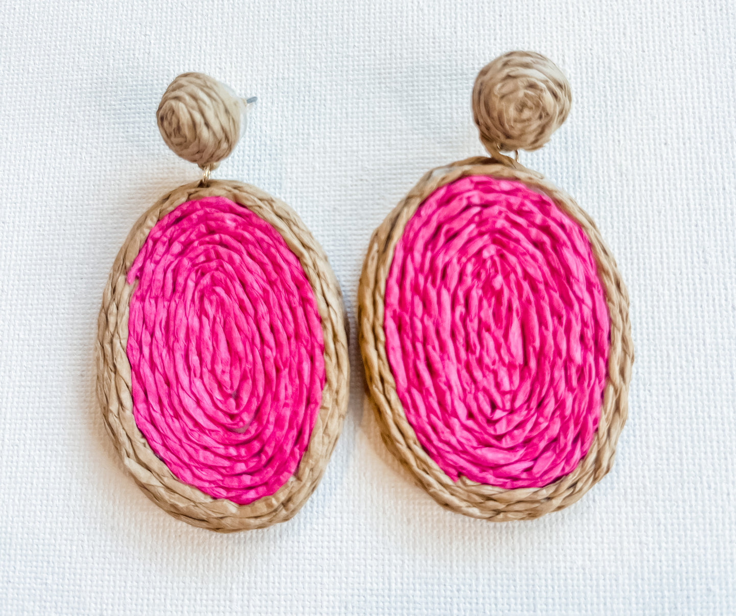 Hot pink and natural rattan earrings
