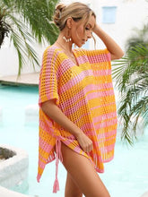 Load image into Gallery viewer, Tassel Openwork Striped V-Neck Cover Up