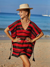 Load image into Gallery viewer, Tassel Openwork Striped V-Neck Cover Up