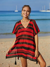 Load image into Gallery viewer, Tassel Openwork Striped V-Neck Cover Up