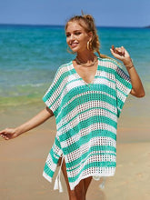 Load image into Gallery viewer, Tassel Openwork Striped V-Neck Cover Up