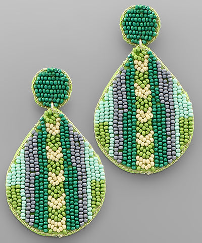Green Beaded Pattern Teardrop Earrings