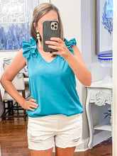 Load image into Gallery viewer, Crepe knit v-neck top with ruffle Jade