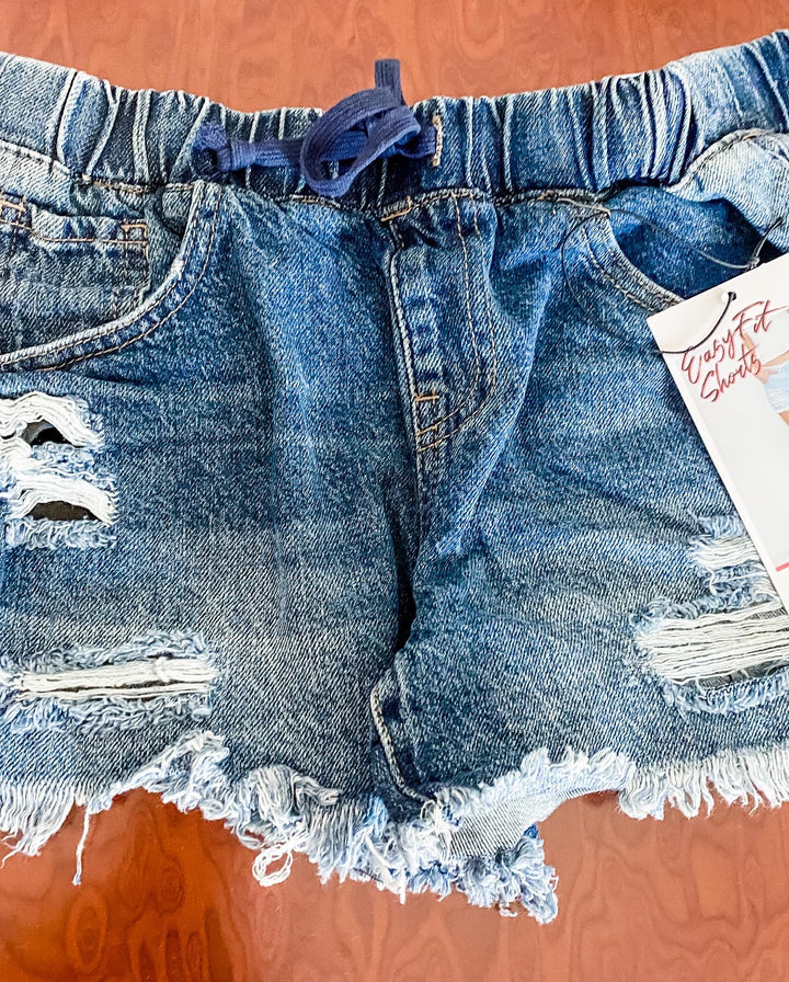 Ripped dark wash elastic waistband jean shorts