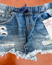 Load image into Gallery viewer, Ripped dark wash elastic waistband jean shorts