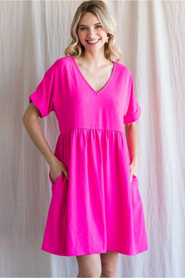 Hot pink boxy dress with pockets