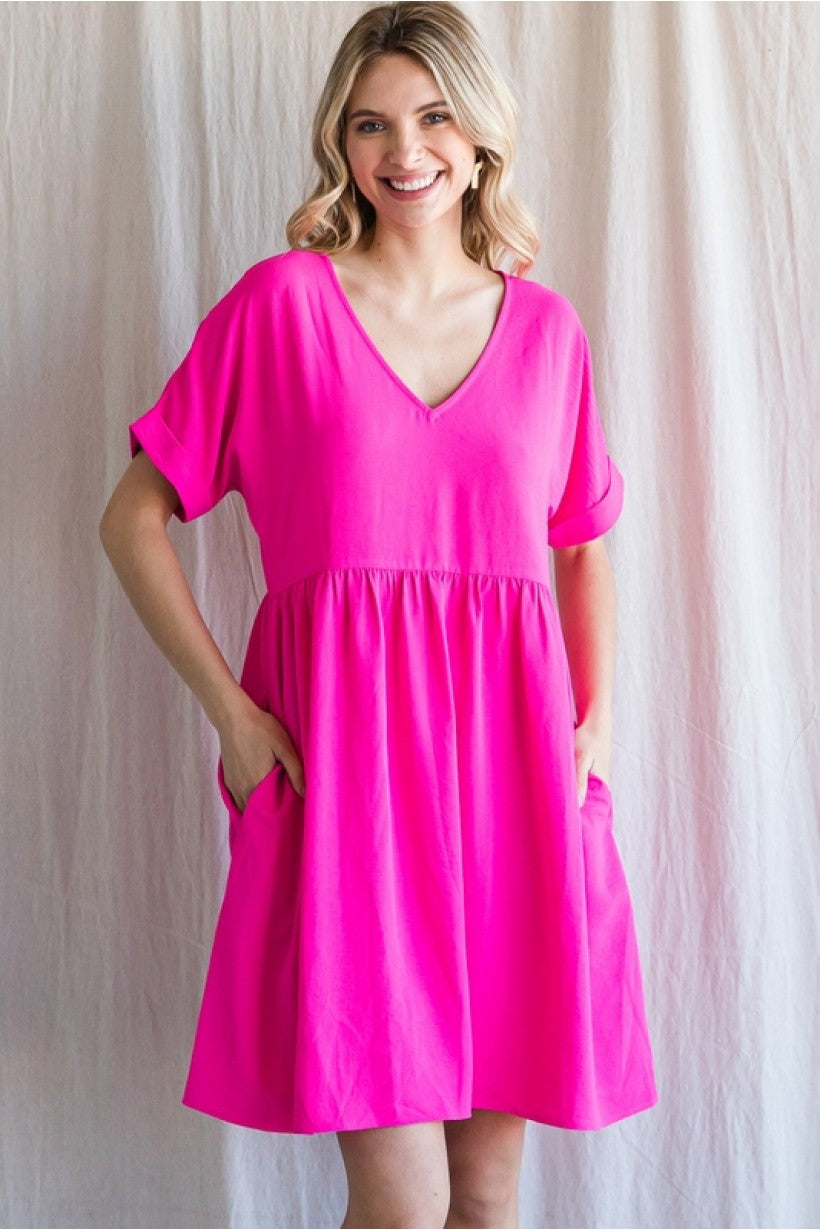 Hot pink boxy dress with pockets