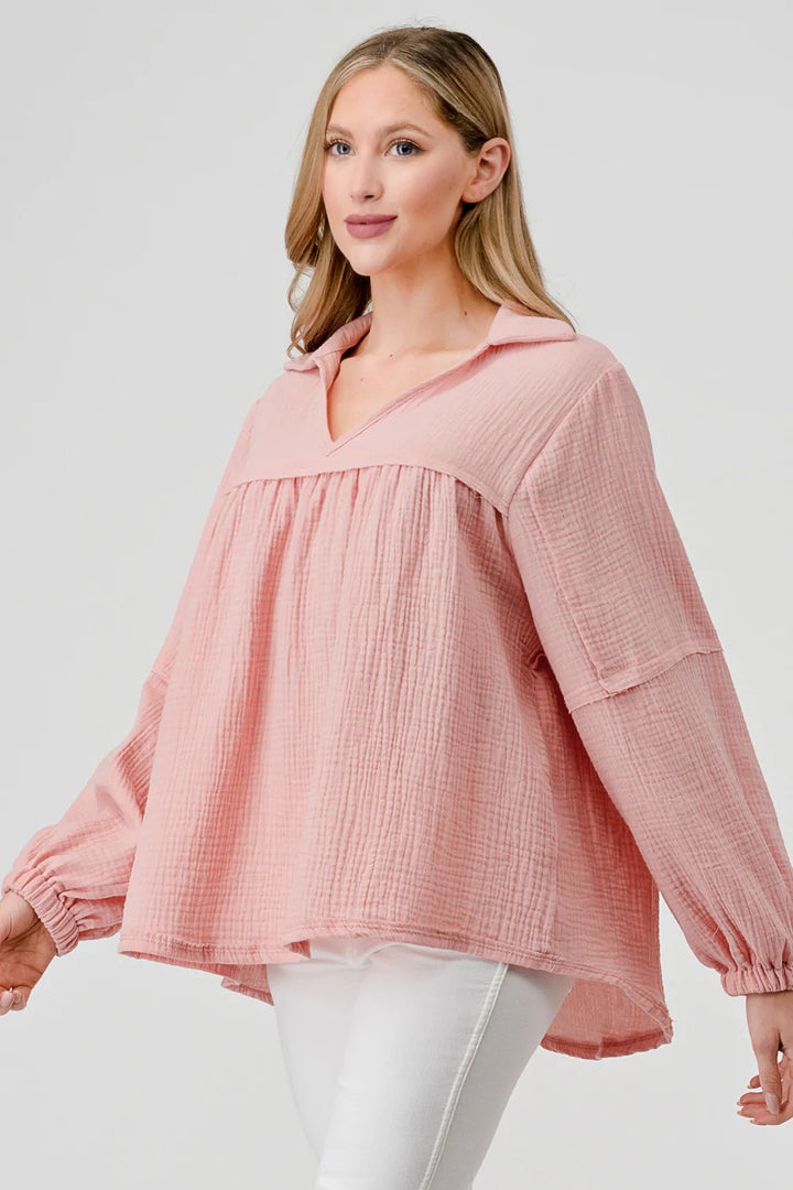 Pink Gauze Peasant Top