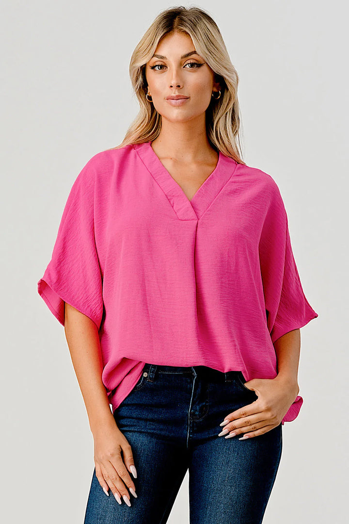 Hot Pink Pleated V-Neck Top