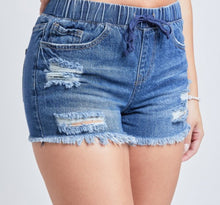 Load image into Gallery viewer, Ripped dark wash elastic waistband jean shorts
