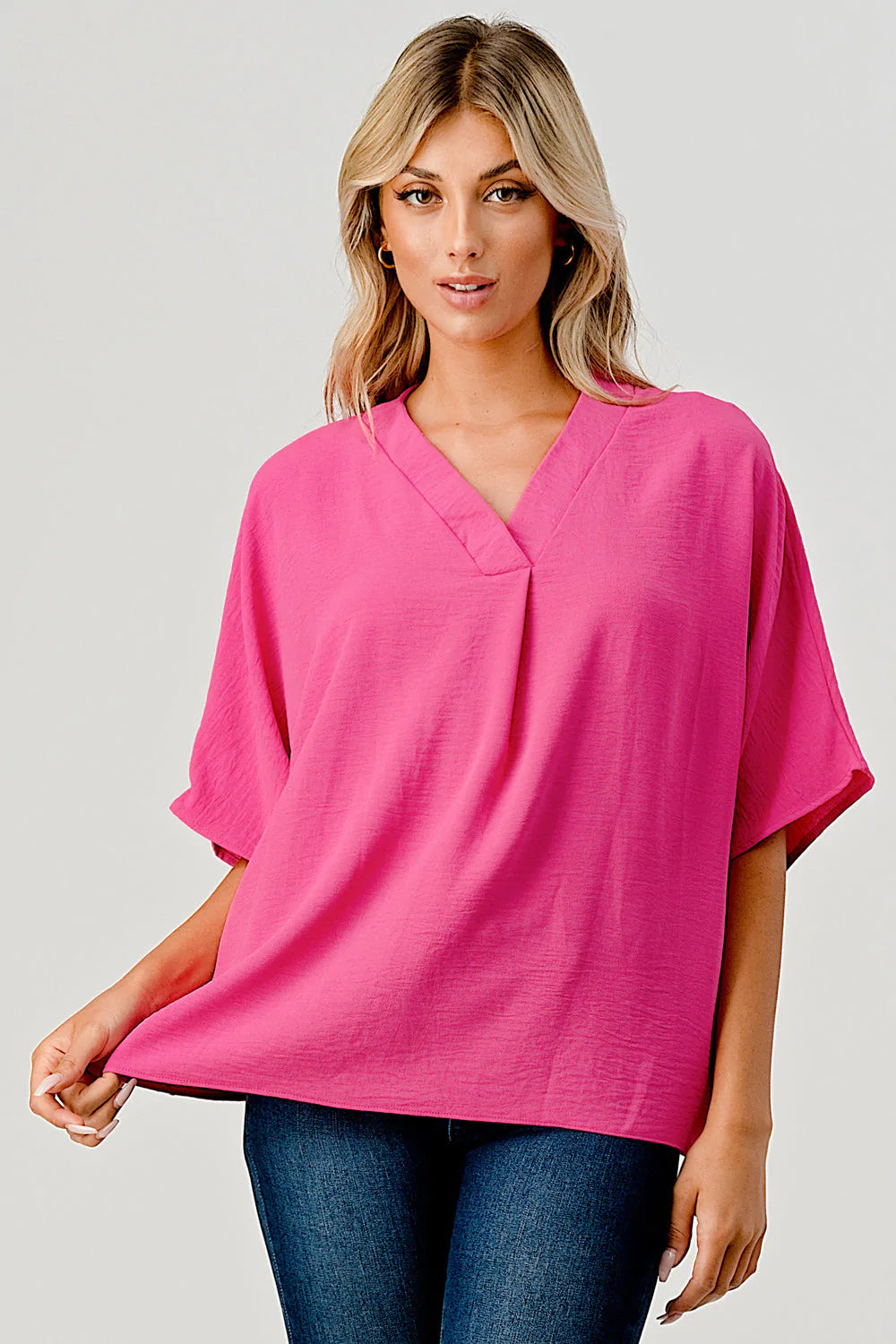 Hot Pink Pleated V-Neck Top