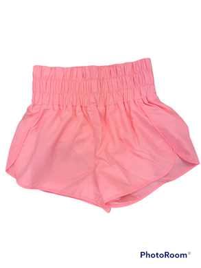 Windbreaker smocked waistband running shorts bright pink