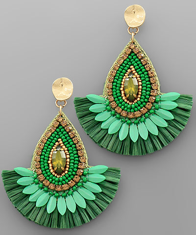 Green and gold Beaded Teardrop & Raffia Fan Earrings