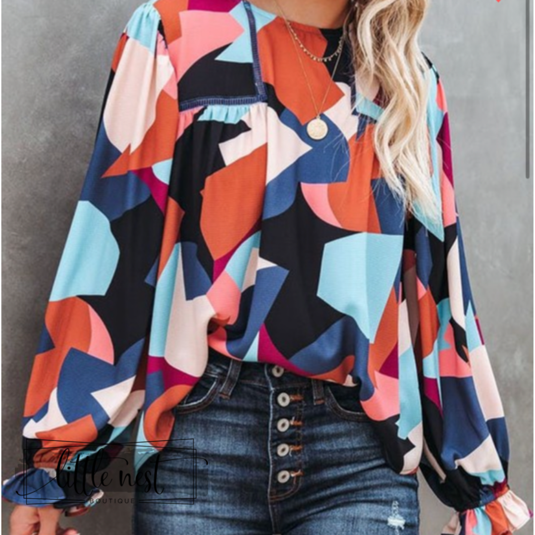 Colorblock ruffle sleeve blouse