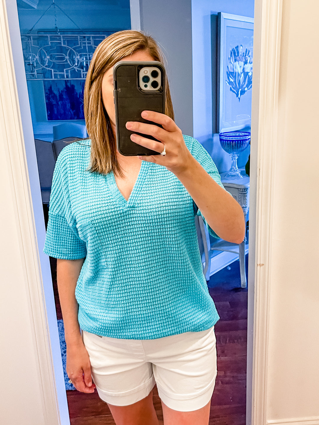 Popcorn waffle top with front pocket in aqua mint