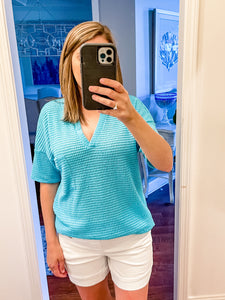 Popcorn waffle top with front pocket in aqua mint