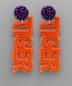 Tiger beaded letter earrings orange and purple