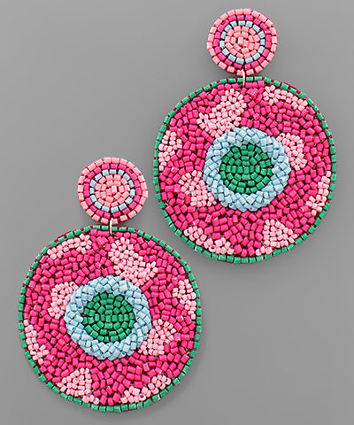 Fuschia and green bead disc pattern earrings