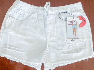 Ripped white elastic waistband jean shorts